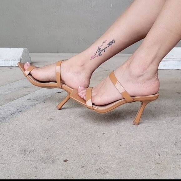 Women Tan Double Strap Mule Heels Sandals - Picture 6 of 6